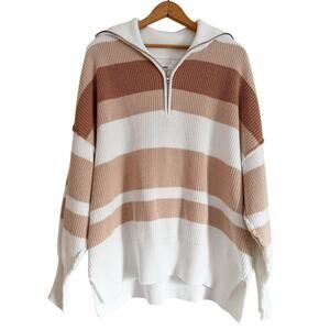 Aerie Beyond Striped Sweater 1/4 Zip Toasty Combo Pullover Minimalist Loungewear